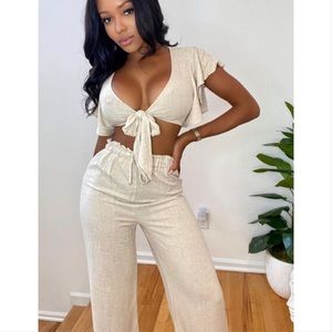 Linen pants set flutter sleeve crop top